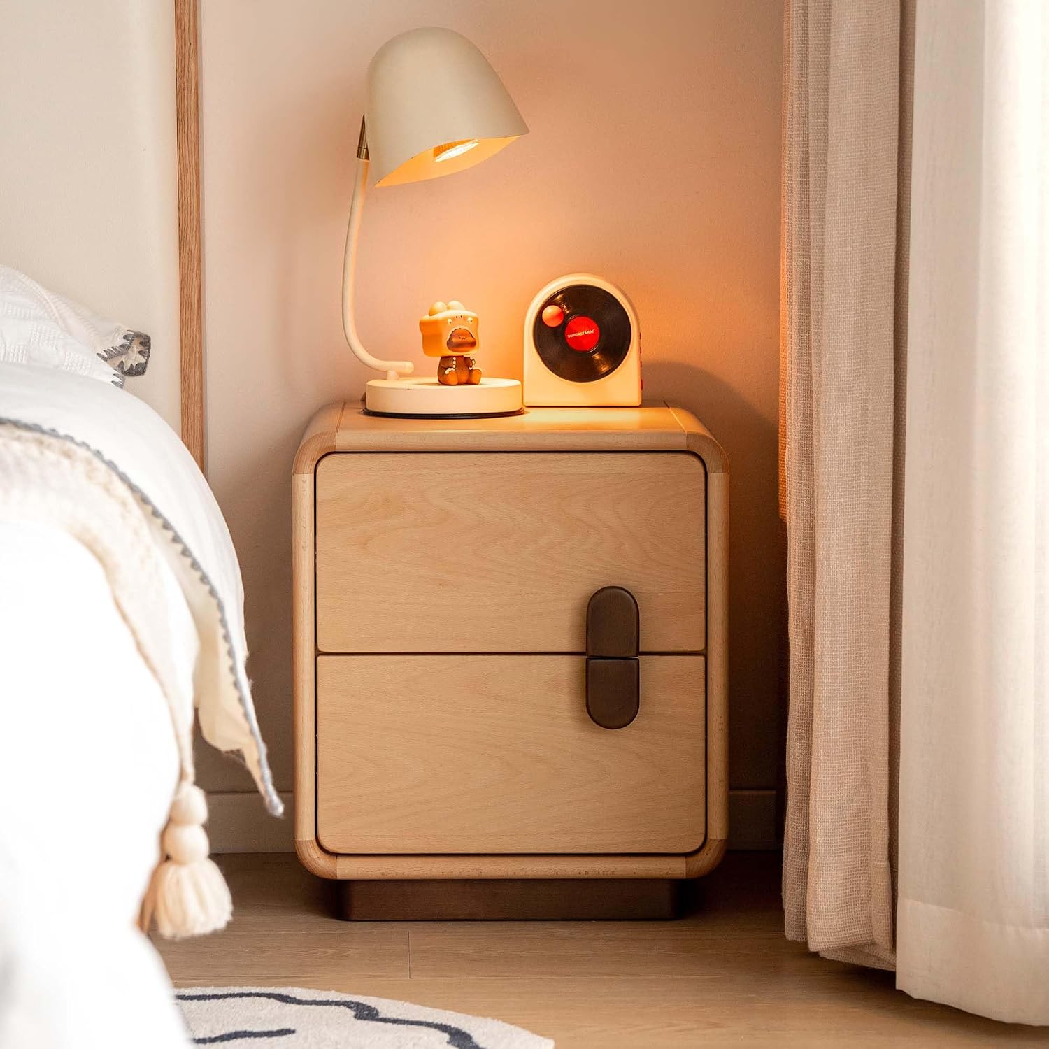 Solid Wood Nightstand 2 Drawers - Solid Wood 2-Drawer Nightstand, Low Bedside
