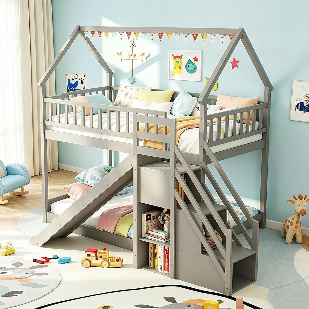 Twin Over Twin Bunk Bed with S - Bunk Bed With Stairs And Slide ulasan dan harga