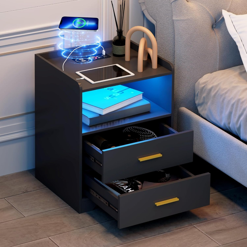 Black LED Nightstand with Char - Solid Wood Nightstand 2 Drawers ulasan dan harga