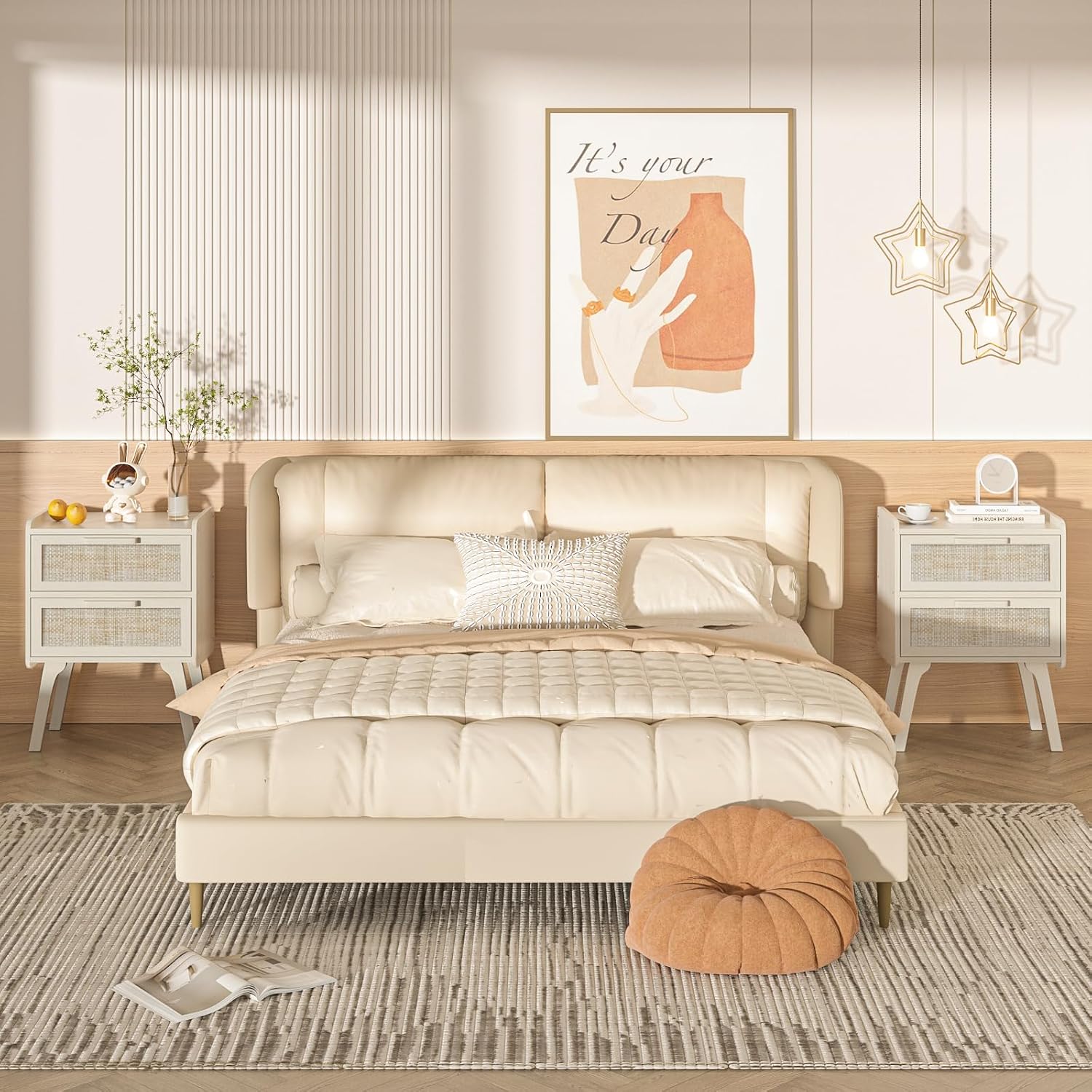 Rattan Nightstand Set of 2, 2  - Solid Wood Nightstand 2 Drawers ulasan dan harga