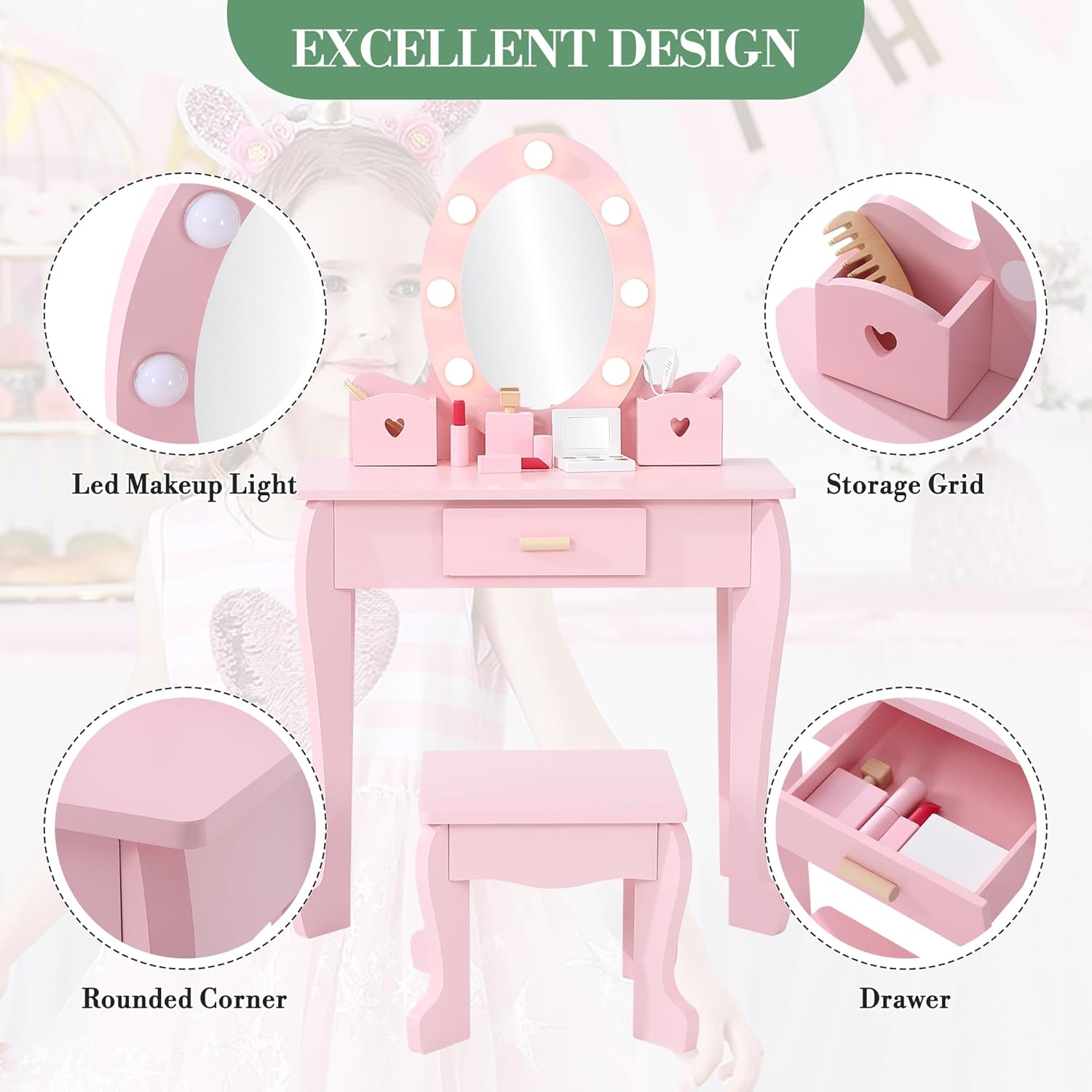 Kids Dressing Table and Stool  - Dressing Table Vanity With Lighted Mirror ulasan dan harga