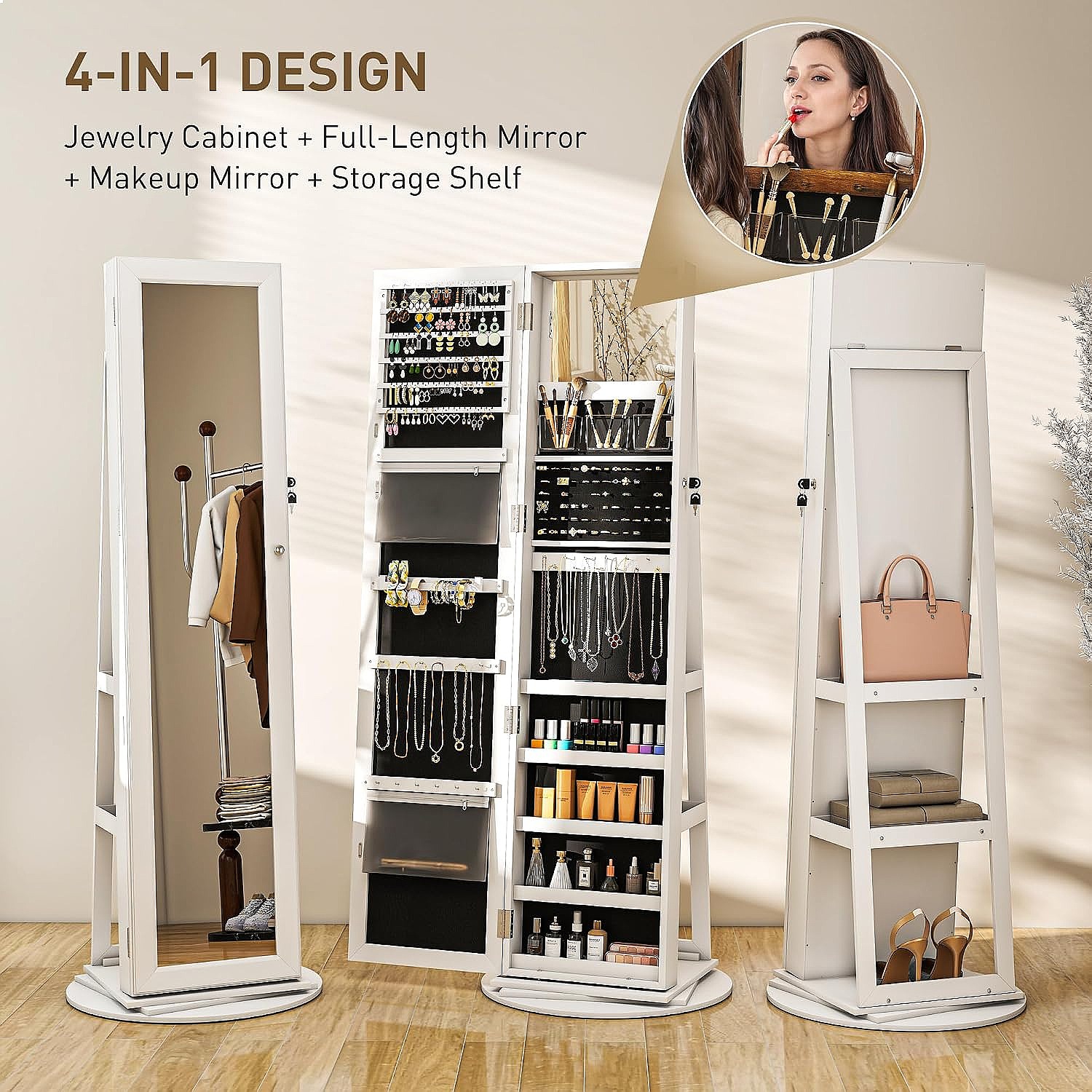 HOMCOM 360° Swivel Lockable Je - Full Length Mirror Jewelry Armoire ulasan dan harga