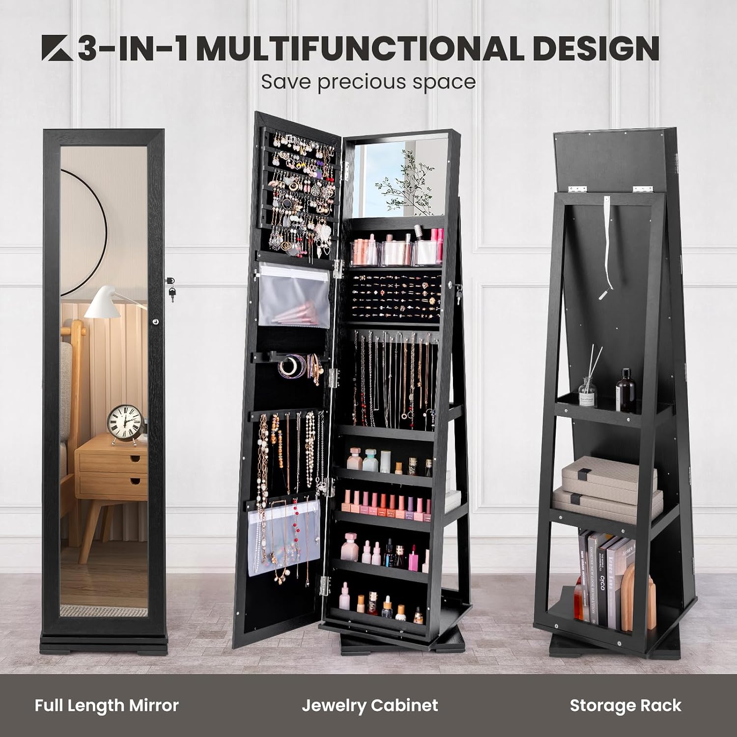 Black Standing Lockable 360 Sw - Full Length Mirror Jewelry Armoire ulasan dan harga